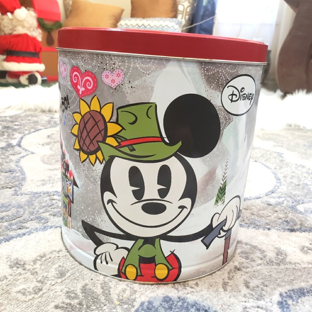 Mickey Minnie Yodelberg Popcorn Tin German Disney 9.25" H  Snow Heart Yodel
